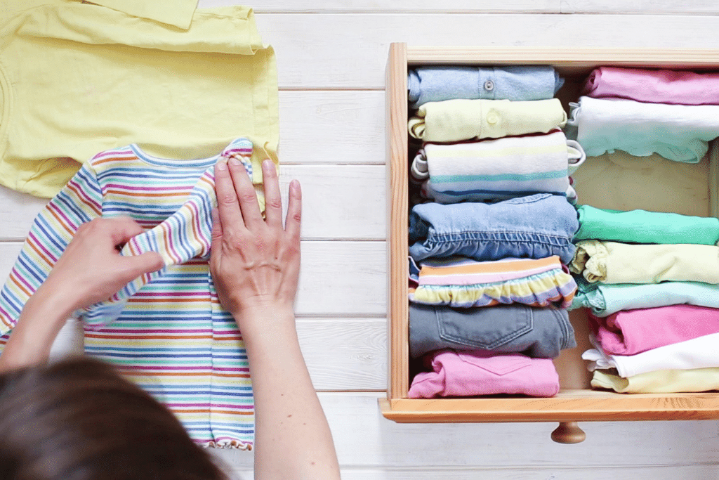 Try the Marie Kondo file folding method  to fold baby clothes and save space